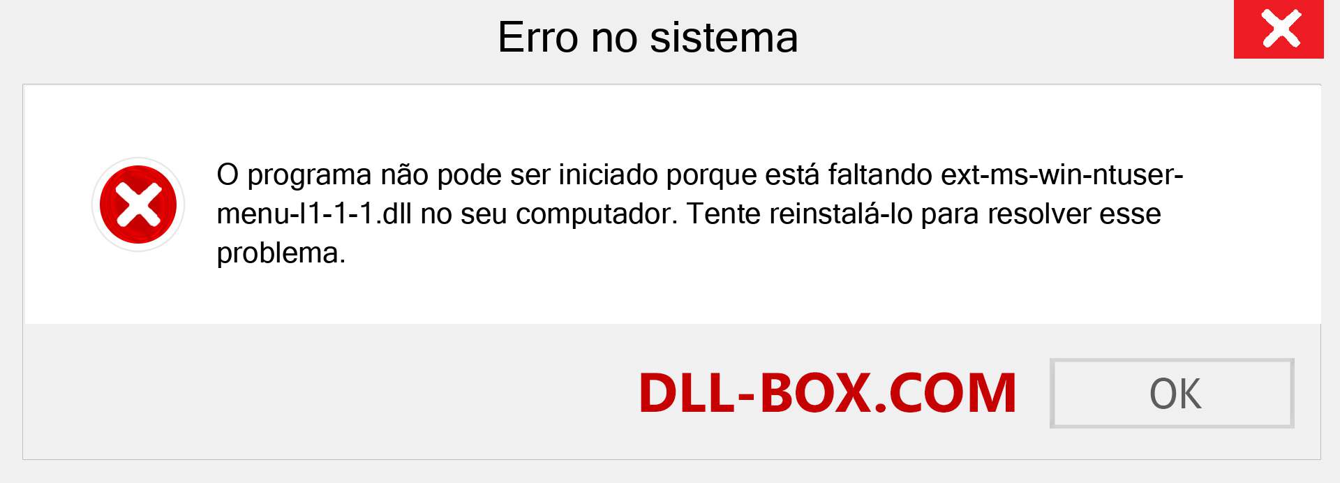 Arquivo ext-ms-win-ntuser-menu-l1-1-1.dll ausente ?. Download para Windows 7, 8, 10 - Correção de erro ausente ext-ms-win-ntuser-menu-l1-1-1 dll no Windows, fotos, imagens